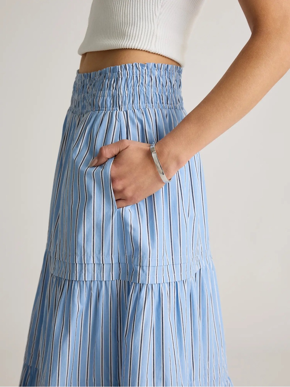 Quince 100% Organic Cotton Poplin Tiered Maxi Skirt | Size L | Blue White Stripe - Picture 8 of 8